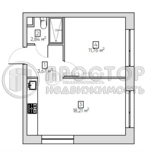 2-комнатная квартира, 36.48 м.кв.