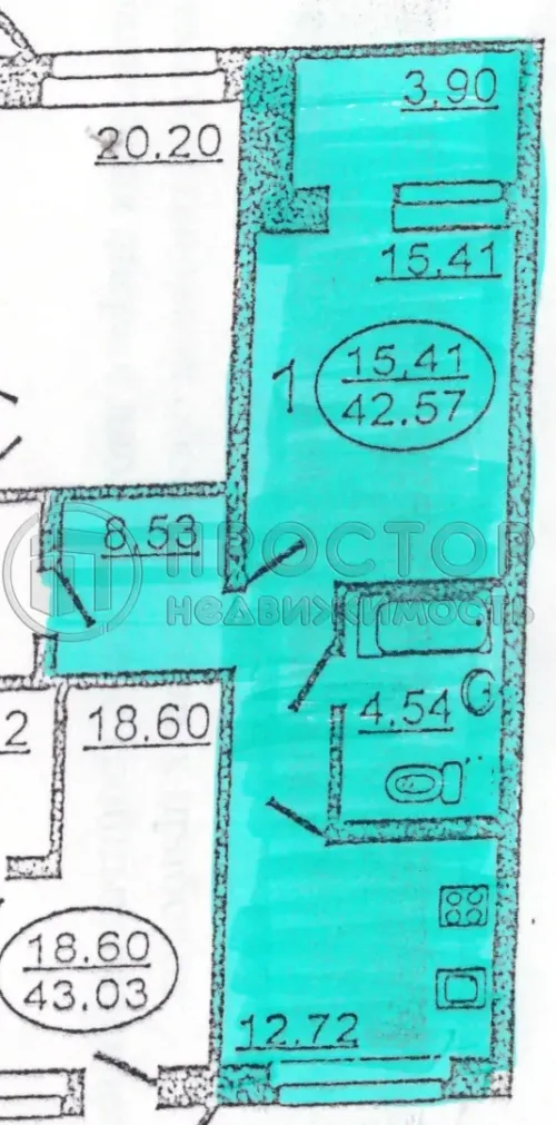 1-комнатная квартира, 42.1 м² - фото 25