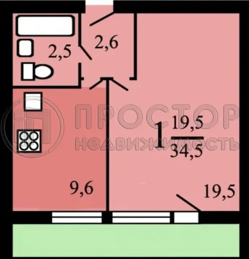 1-комнатная квартира, 34.5 м² - фото 14