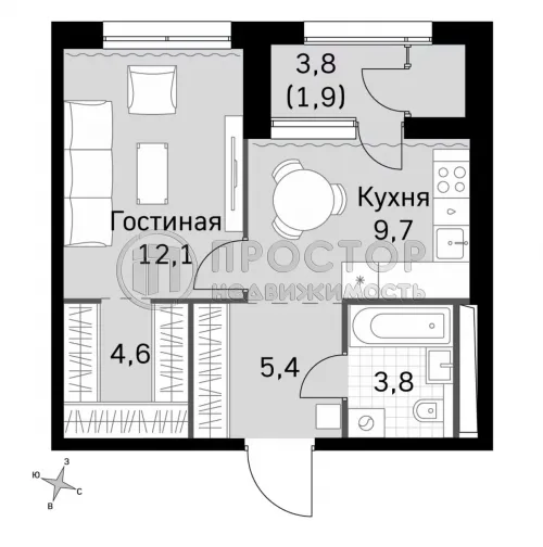 1-комнатная квартира, 37.7 м² - фото 6