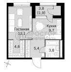 1-комнатная квартира, 37.7 м² - фото 11