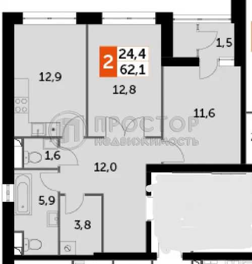 2-комнатная квартира, 62.1 м² - фото 6