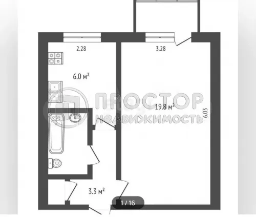 1-комнатная квартира, 32.7 м² - фото 11