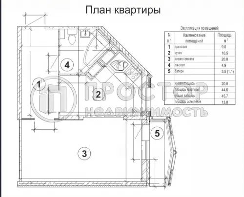 1-комнатная квартира, 45 м² - фото 24