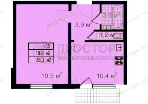 1-комнатная квартира, 38.3 м² - фото 16