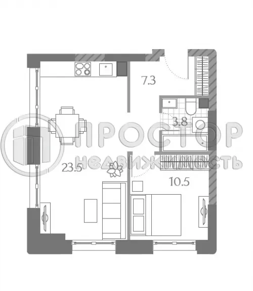 1-комнатная квартира, 43.3 м² - фото 5