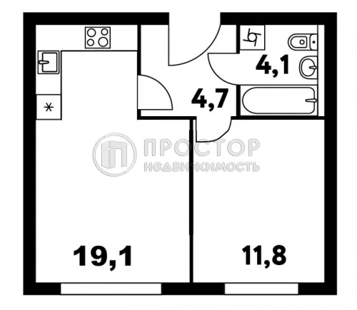 1-комнатная квартира, 40.8 м.кв.