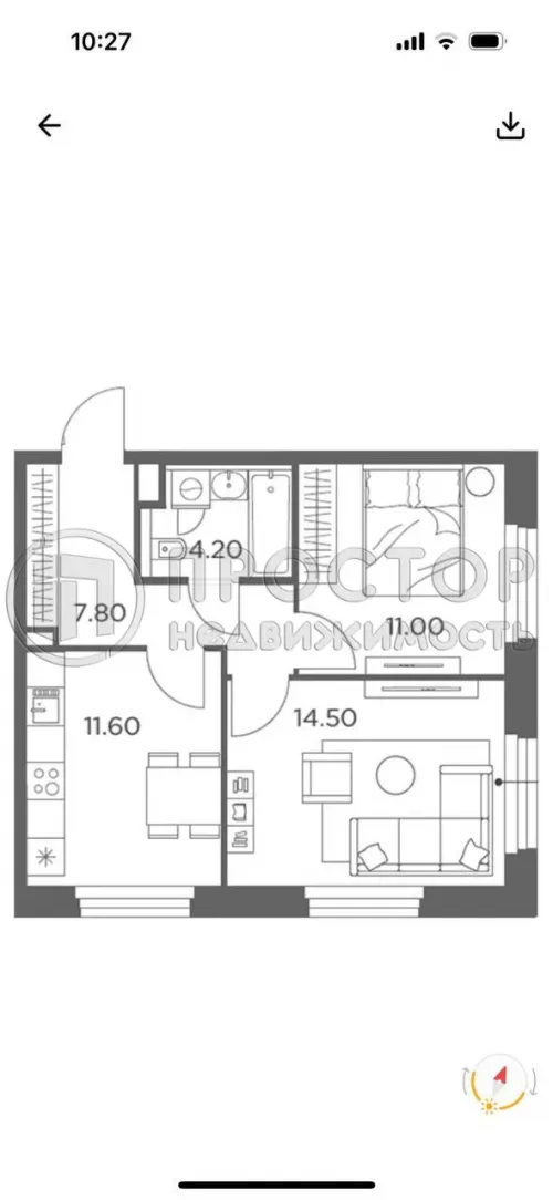 2-комнатная квартира, 49.1 м.кв.