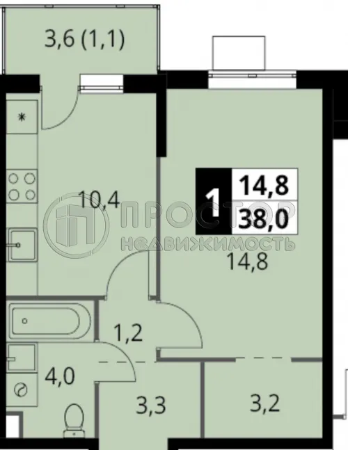 1-комнатная квартира, 38 м² - фото 7