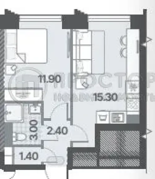 1-комнатная квартира, 34 м² - фото 9