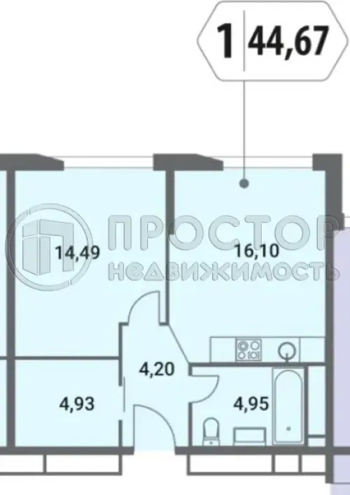 1-комнатная квартира, 44.7 м² - фото 12