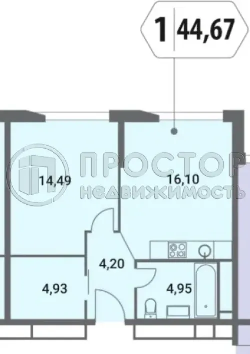 1-комнатная квартира, 44.7 м² - фото 12