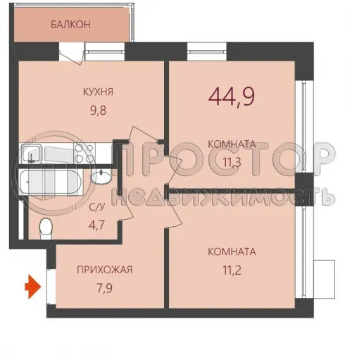 2-комнатная квартира, 44.9 м² - фото 22