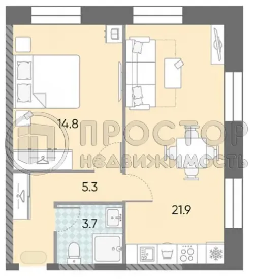 1-комнатная квартира, 43.3 м² - фото 2