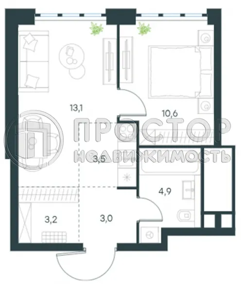 1-комнатная квартира, 38.3 м² - фото 8