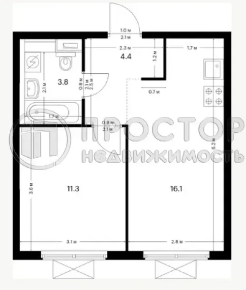 1-комнатная квартира, 35.6 м² - фото 7