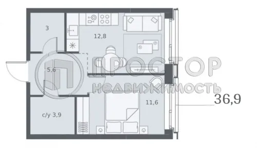 1-комнатная квартира, 36.9 м² - фото 8