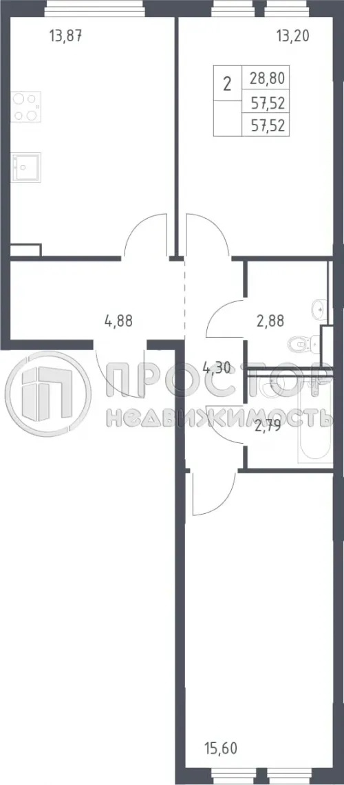 2-комнатная квартира, 57.52 м² - фото 13