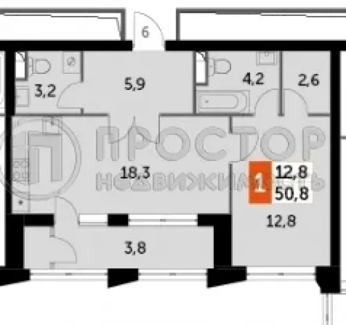 1-комнатная квартира, 50.8 м² - фото 7