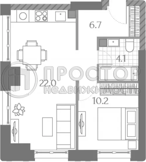 1-комнатная квартира, 42 м.кв.