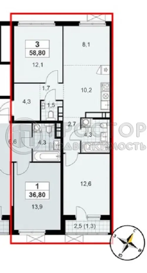 3-комнатная квартира, 58.9 м² - фото 6