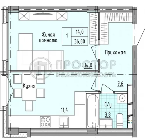 1-комнатная квартира, 36.8 м² - фото 15