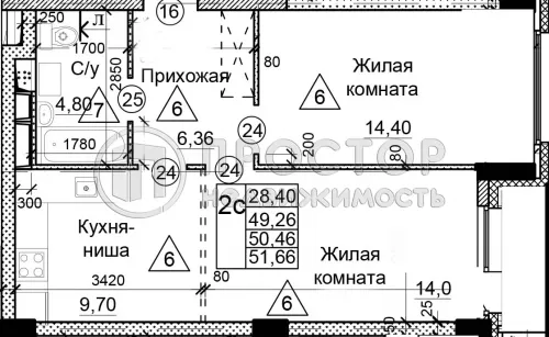 2-комнатная квартира, 51.7 м² - фото 18