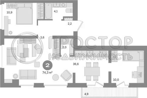 2-комнатная квартира, 74.3 м² - фото 12