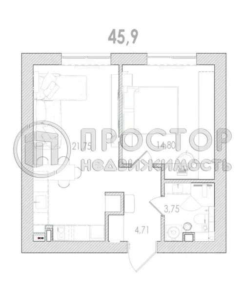 1-комнатная квартира, 45.9 м² - фото 32