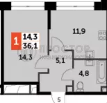 1-комнатная квартира, 36.1 м² - фото 19
