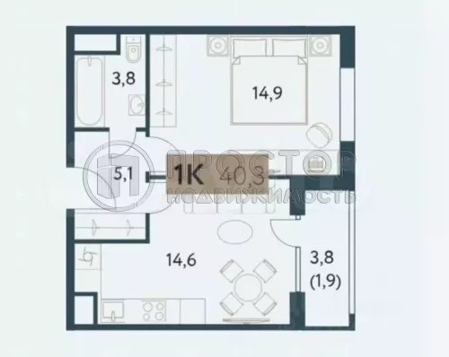 1-комнатная квартира, 40.3 м² - фото 53