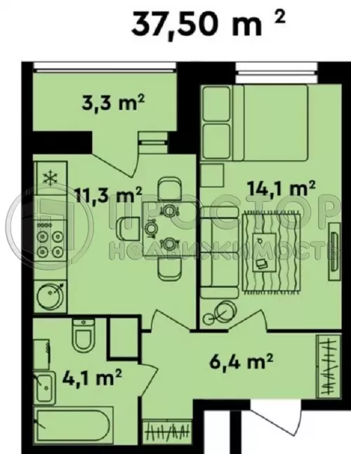 1-комнатная квартира, 37.5 м² - фото 12