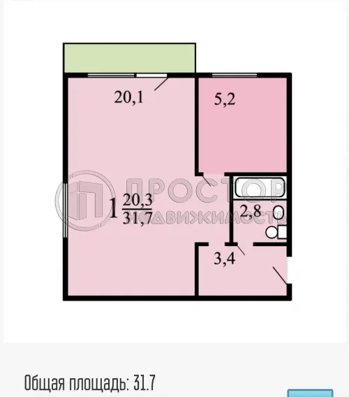 1-комнатная квартира, 31.7 м² - фото 20