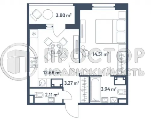 1-комнатная квартира, 40.31 м² - фото 12