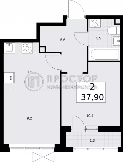 1-комнатная квартира, 37.9 м² - фото 9