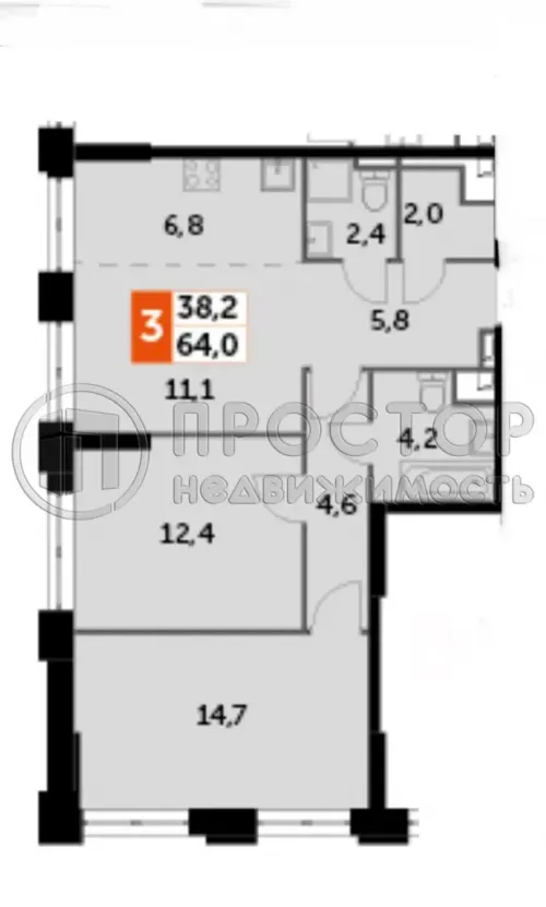 3-комнатная квартира, 64 м² - фото 7