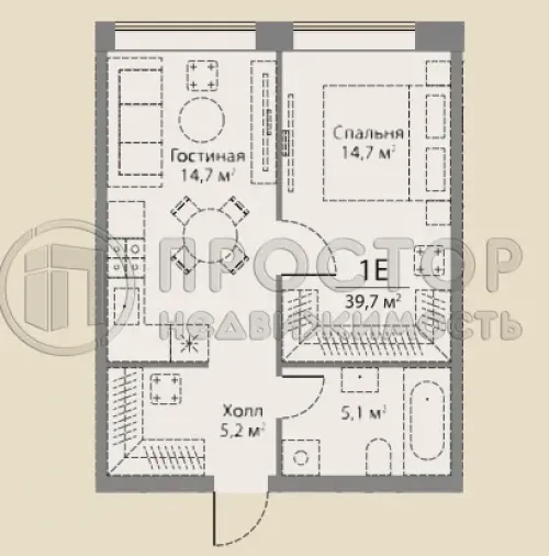 1-комнатная квартира, 39.7 м² - фото 5