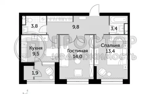 2-комнатная квартира, 58.2 м² - фото 2