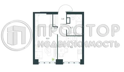 1-комнатная квартира, 34.3 м² - фото 2