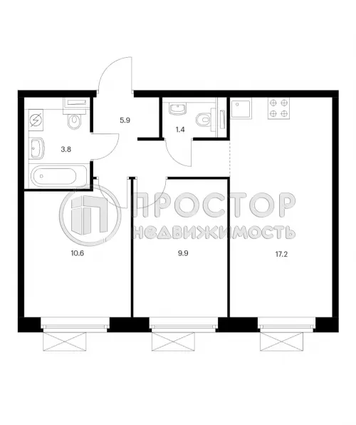 2-комнатная квартира, 48.8 м.кв.